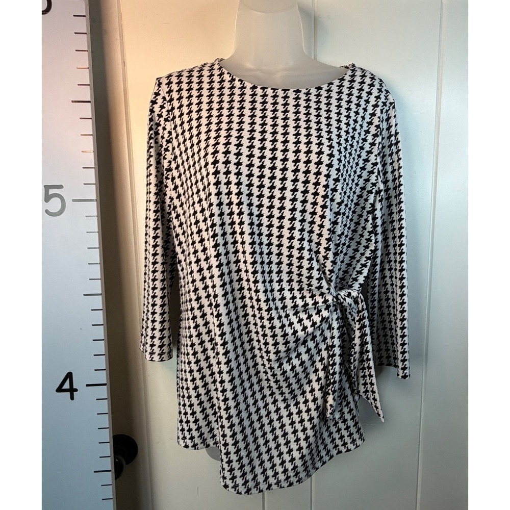 Elle Long Sleeve Black White Classy Herringbone Side Tie Blouse Women Large